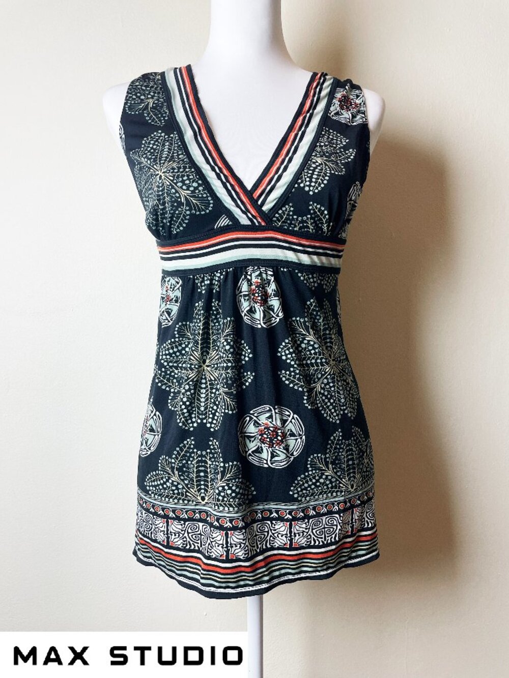 Max Studio Black Floral Geometric V-Neck Imperial Waist Top / Mini Dress Size S